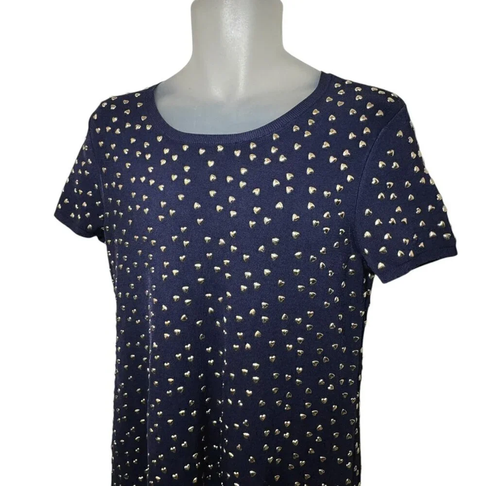 $350 MICHAEL KORS‎ Navy Knit Dress With Gold Heart Studs Size L 10- 12 NEW!